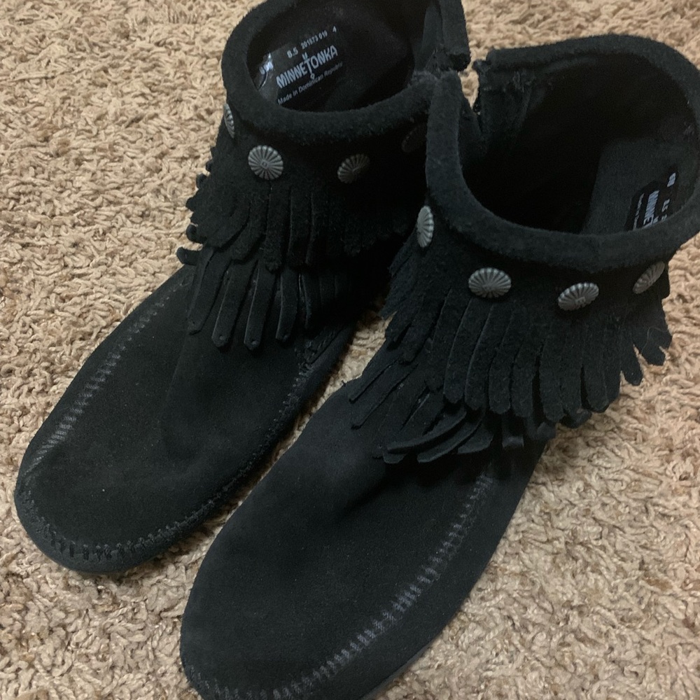 Minnetonka black booties.